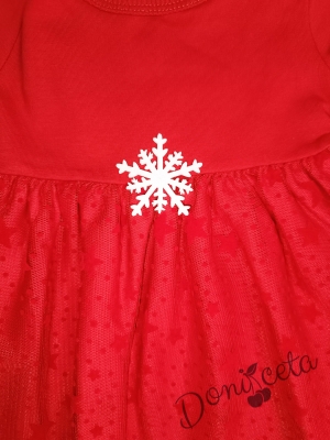 Детска рокля в червено с дълъг ръкав, релефна тюл пола и снежинка на кръста 2
