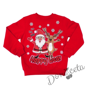 Коледна леко ватирана блуза за момче в червено с дълъг ръкав с Дядо Коледа и еленче