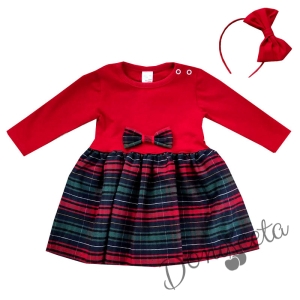 Официална или ежедневна детска рокля с дълъг ръкав в червено с каре и диадема 