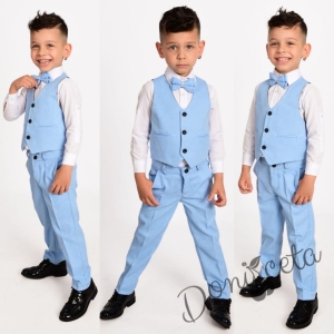 Официален комплект за момче  в светлосиньо от 4 части панталон , елек , риза в бяло, и папийонка 3110025244