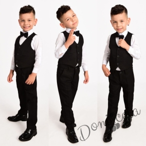 Официален костюм в черно за момче от 4 части елек, риза в бяло, панталон и папийонка 21100371