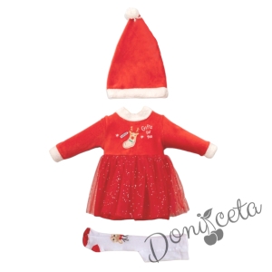 Бебешки комплект комплект за момиче от 3 части, рокля с елен, шапка и чорапогащник с еленчета 2