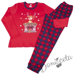 Детска/дамска коледна пижама  в червено с каре и с еленче 987008564 2