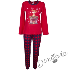 Детска/дамска коледна пижама  в червено с каре и с еленче 987008564 3