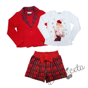 Детски комплект от къси панталонки в червено каре, сако в червено с каре и блуза в бяло с коледна картинка на момиче