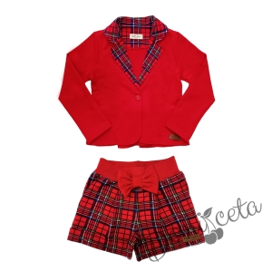 Детски комплект от къси панталонки в червено каре и сако в червено с каре 4