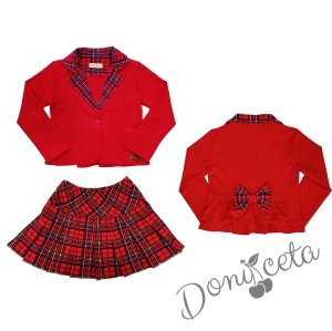 Детски комплект за момиче от пола каре, сако в червено каре и блуза в бяло с коледна картинка на момиче  2