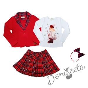Детски комплект от 4 части - пола каре, сако в червено каре, блуза в бяло с коледна картинка на момиче  и каре диадема