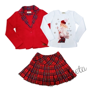 Детски комплект от 4 части - пола каре, сако в червено каре, блуза в бяло с коледна картинка на момиче  и каре диадема 2