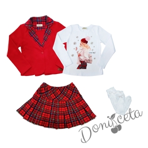 Детски комплект от 4 части - пола каре, сако в червено каре, блуза в бяло с коледна картинка на момиче  и фигурални чорапи в бяло