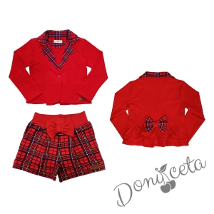 Детски комплект от 5 части - къси панталони каре, сако в червено каре, блуза в бяло с коледна картинка на момиче, диадема и чорапи в червено 3