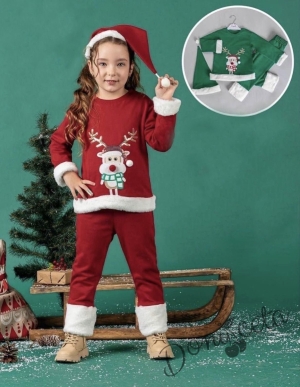 Коледен комплект в червено с картинка на елен с шапка