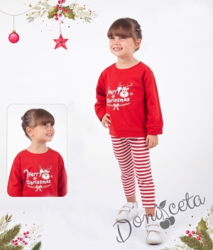 Коледен комплект блуза в червено с еленче и надпис Весела Коледа с раирани панталони 5400079