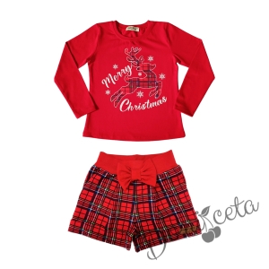 Детски комплект от къси панталонки в червено каре и блуза в червено с еленче