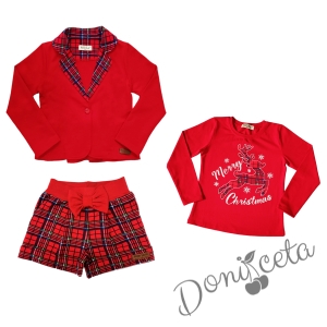 Детски комплект от къси панталонки в червено каре, сако в червено с каре и блуза в червено с еленче