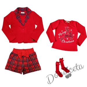 Детски комплект от 4 части - къси панталонки в червено каре, сако в червено с каре, блуза в червено с еленче и чорапи в червено с панделка