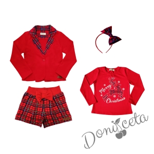 Детски комплект от 4 части - къси панталонки в червено каре, сако в червено с каре, блуза в червено с еленче и каре диадема