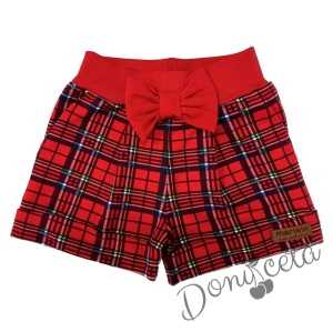 Детски комплект от 4 части - къси панталонки в червено каре, сако в червено с каре, блуза в червено с еленче и каре диадема 9