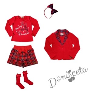 Детски комплект от 5 части - къси панталонки в червено каре, сако в червено с каре, блуза в червено с еленче, каре диадема и чорапи в червено
