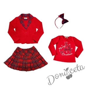 Детски комплект от 4 части - пола каре, сако в червено каре, блуза в червено с еленче и надпис