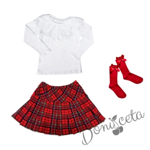 Детски комплект за момиче от 3 части - пола каре, блуза в бяло с дълъг ръкав и дантела и чорапи в червено