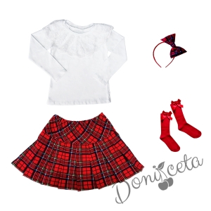 Детски комплект за момиче от 4 части - пола каре, блуза в бяло с дантела, диадема каре и чорапи в червено