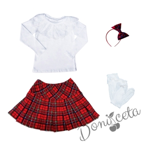Детски комплект за момиче от 4 части - пола каре, блуза в бяло с дантела, диадема каре и фигурални чорапи