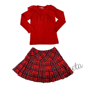 Детски комплект за момиче от пола каре, блуза в червено с дълъг ръкав и дантела