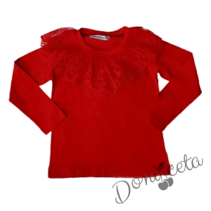 Детски комплект за момиче от пола каре, блуза в червено с дълъг ръкав и дантела 2