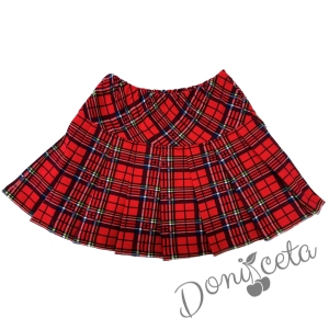 Детски комплект за момиче от 3 части - пола каре, блуза в червено с дълъг ръкав и дантела и диадема каре 3