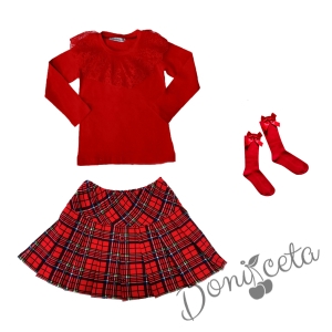Детски комплект за момиче от 3 части - пола каре, блуза в червено с дълъг ръкав и дантела и чорапи в червено