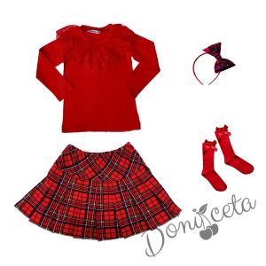 Детски комплект за момиче от 4 части - пола каре, блуза в червено с дантела, диадема каре и чорапи в червено
