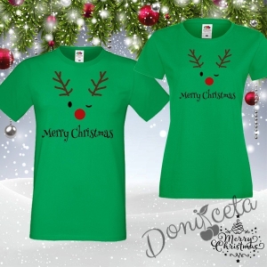 Комплект от тениски за Мама и Тате в зелено с елен и надпис Весела Коледа