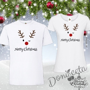 Комплект от тениски за Мама и Тате в бяло с елен и надпис Весела Коледа