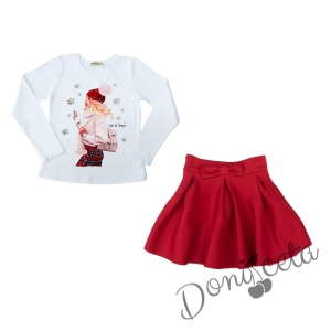 Детски комплект за момиче от пола в червено с панделка и блуза в бяло с дълъг ръкав с коледна картинка на момиче