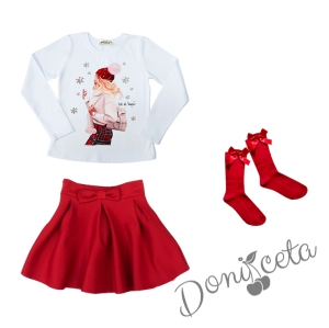 Детски комплект за момиче от пола в червено с панделка, блуза в бяло с дълъг ръкав с коледна картинка на момиче и чорапи в червено