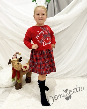 Детска рокля с дълъг ръкав в червено с каре пола и коледно еленче с надпис 1