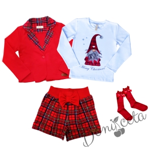 Детски комплект за момиче от 4 части - къси панталонки в каре, червено сако, блуза в бяло с коледно джудже, червени чорапи