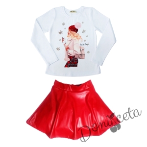 Комплект от блуза в бяло с дълъг ръкав с момиче и кожена пола в червено 1