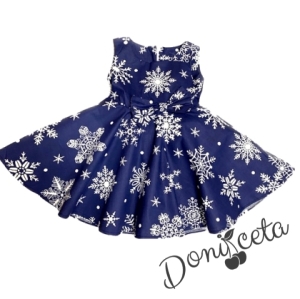 Детска коледна рокля в тъмносиньо със снежинки в бяло и памучно бяло болеро 2