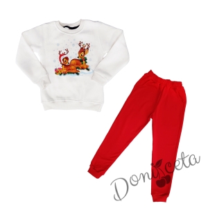 Ватиран коледен детски комплект с панталон в червено и блуза в бяло с две еленчета