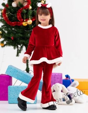 Коледен комплект за момиче в червено с панталони тип чарлстон и аксесоар лента за глава 1