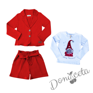 Комплект за момиче от къси панталони и сако в червено и блуза с дълъг ръкав и коледно джудже