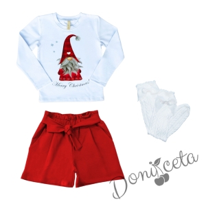 Комплект за момиче от къси панталони в червено, блуза с дълъг ръкав и коледно джудже и бели фигурални чорапи