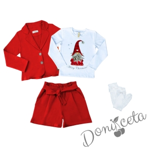 Комплект за момиче от 4 части - къси панталони, сако в червено, блуза с дълъг ръкав и коледно джудже и фигурални бели чорапи