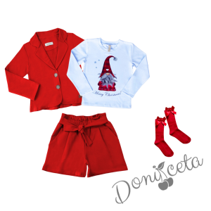 Комплект за момиче от 4 части - къси панталони, сако в червено, блуза с дълъг ръкав и коледно джудже и червени чорапи