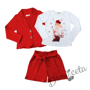 Комплект за момиче от къси панталони и сако в червено и блуза с дълъг ръкав и момиче в каре 1