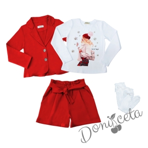 Комплект за момиче от 4 части - къси панталони в червено, сако в червено, блуза с дълъг ръкав и момиче в каре и фигурални чорапи в бяло 1