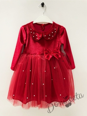 Детска кадифена рокля в червено с дълъг ръкав, тюл и якичка с перли 1