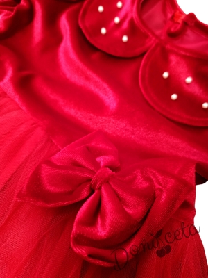 Детска кадифена рокля в червено с дълъг ръкав, тюл и якичка с перли 2